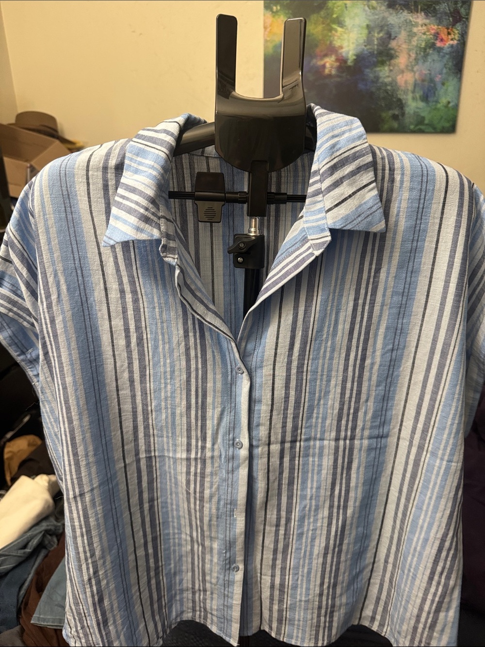 NWOT HALARA Blue and White Striped Button-Down Shirt